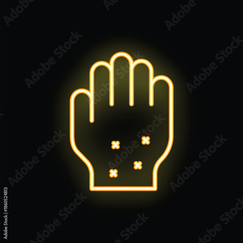 Glowing neon line icon of a hand with a rash, potentially representing a skin allergy reaction