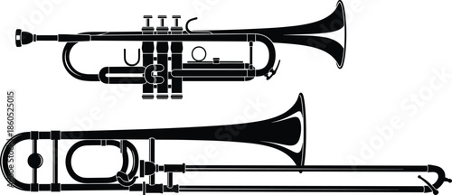 Trumpet and trombone silhouettes isolated black vector illustration showing brass musical instruments for jazz orchestra music performance education concept