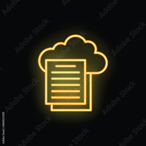 Neon icon of documents uploading to a cloud server, representing cloud storage and online document management