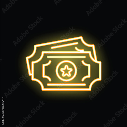 Neon sign is glowing with an illustration of tickets for entertainment