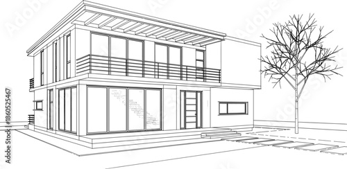 Modern two story house architectural line drawing with large windows balcony and flat roof for residential construction and real estate concepts