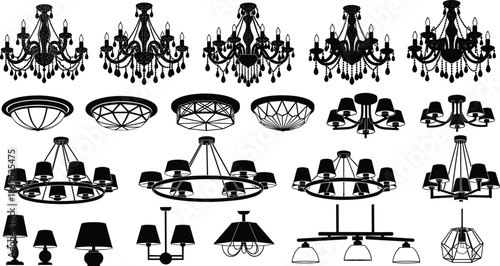 Elegant lighting fixtures silhouettes collection featuring chandeliers ceiling lamps and modern lights isolated black vector illustration for interior decor