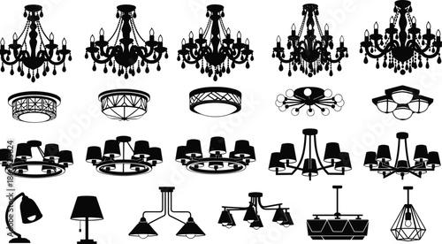 Lighting fixtures silhouettes collection featuring chandeliers ceiling lamps and modern lights isolated black vector illustration for interior decor design