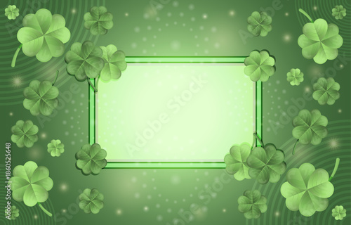 A vibrant green background featuring multiple clovers and a rectangular frame.