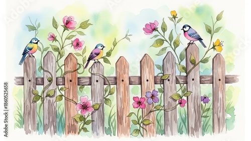 Colorful birds perched on a wooden fence surrounded by blooming flowers in a serene garden scene