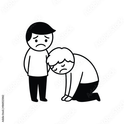 Sad Person Bowing Down Portrait Illustration.