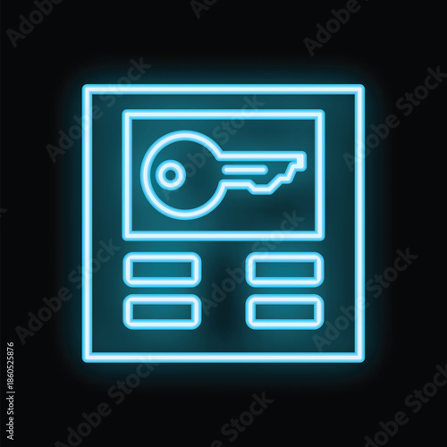 Neon blue digital keypad with key symbol glowing on black background, representing security and access control