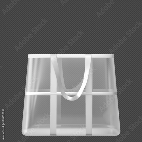 Transparent tote bag with handles, white shopping pouch mockup with crossed straps, vector plastic handbag with hooks