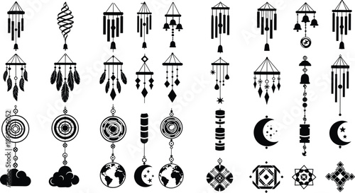 Decorative wind chimes silhouettes set featuring boho hanging ornaments moon stars feathers isolated black vector illustration home decor concept design