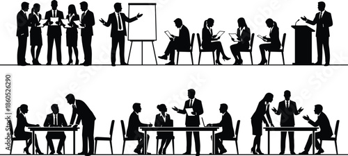 Business meeting silhouettes teamwork presentation discussion office conference leadership corporate teamwork black vector illustration set
