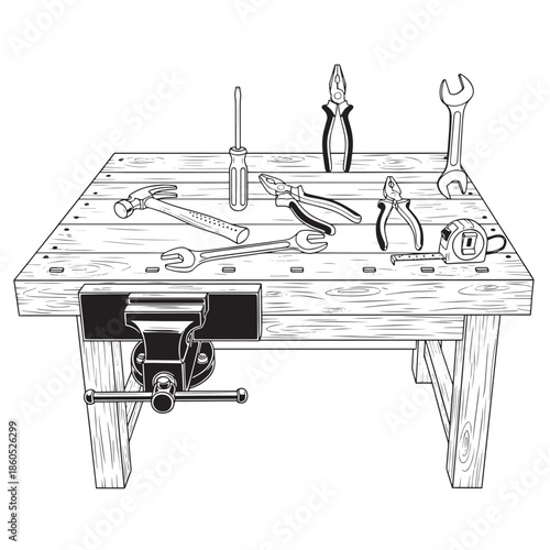 Woodworking workbench scattered with hand tools and clamps.