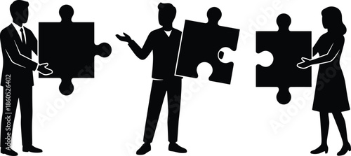 Business teamwork silhouettes with puzzle pieces, collaboration partnership problem solving strategy success corporate people black vector illustration