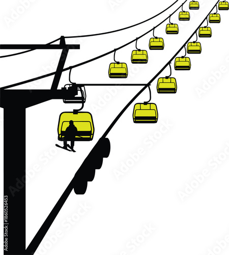 Cable car gondola silhouette illustration, ski lift transportation system, mountain tourism travel concept, modern flat vector design