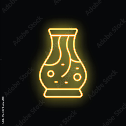 Illustration of a neon sign of an essential oil diffuser with liquid, glowing on a black background