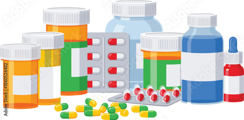 Pharmaceutical containers, medicine bottles, blister packs, capsules, liquid drugs, dropper bottle, medical supplies, pharmacy items, healthcare concept, flat vector illustration