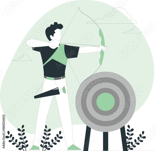 A young archer takes aim at a target in a serene outdoor setting with a bow and arrow
