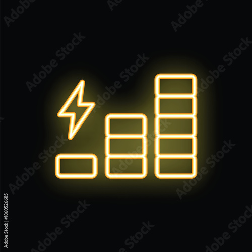 Neon yellow glowing sound bars increasing with lightning bolt on black background representing increasing energy