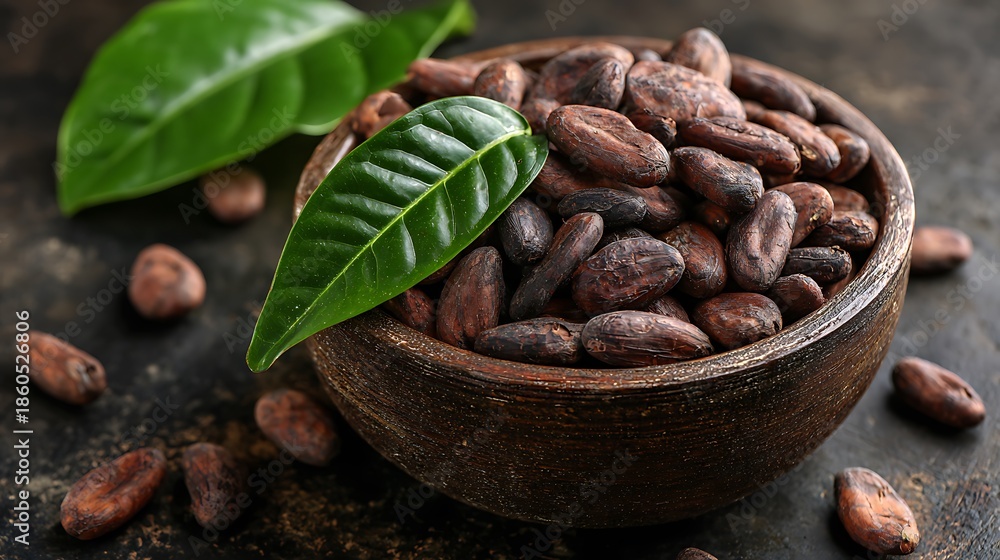 Obraz premium Close-up of roasted cocoa beans in a wooden bowl with green leaves, on a textured surface