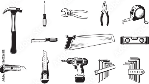 Assorted hand tools and power tools arranged for construction tasks.