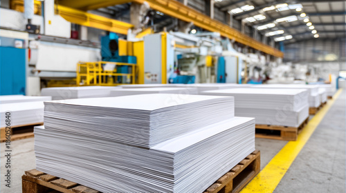 Close-up of stacked paper reams on pallets with a visible decline in stack height across the scene