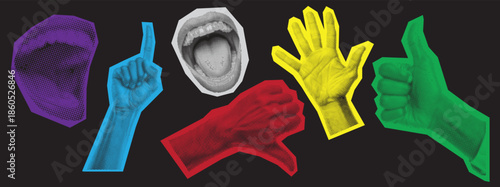 Colorful hand gestures and expressive mouth collage in bold pop-art style, featuring pointing fingers, thumbs up, open palm, and shouting mouth for modern graphic design concepts.