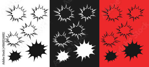 Abstract art with black and white spatters on red black and white backgrounds