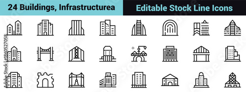 Set of 30 black line icons illustrating buildings, infrastructure, urban elements, architecture, transportation, and city planning
