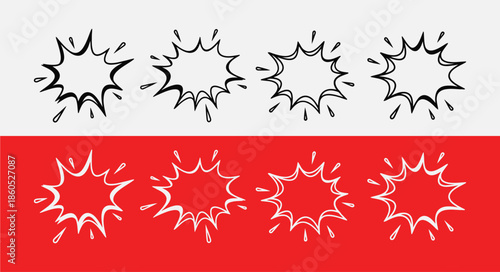 Collection of six explosion or splash effects in black and white on red and white backgrounds