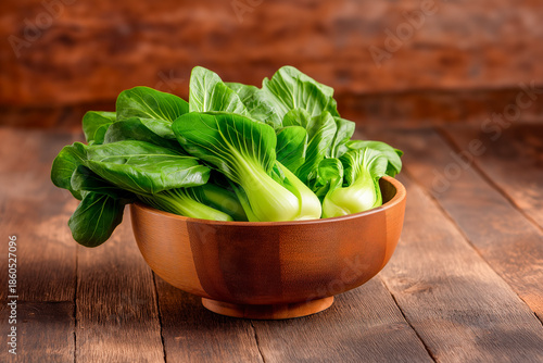 Bok Choy in wooden bowl, 45 degree, on wooden background