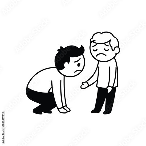 Apologetic person bowing to elder man gesture.