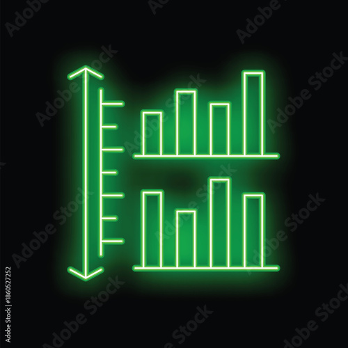 Glowing neon green measuring scale evaluating fluctuating bar charts, symbolizing market analysis and performance measurement