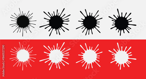 Abstract art explosions in black and white on red and white background