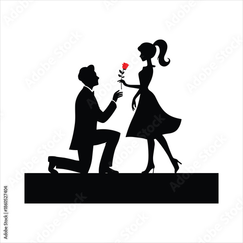 Romantic Silhouette of Man Proposing with Rose to Woman Isolated on White Background
