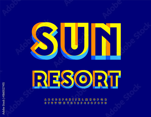 Vector Travel Advertisement Sun Resort. Bright Colorful Font. Unique Creative Alphabet Letters and Numbers set.