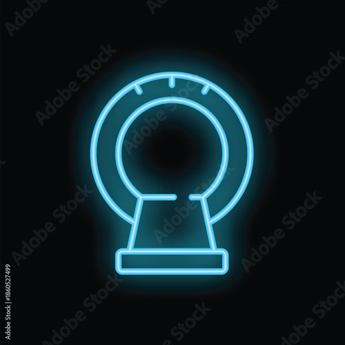 Bright blue neon icon of a ct scan machine is glowing against a black background