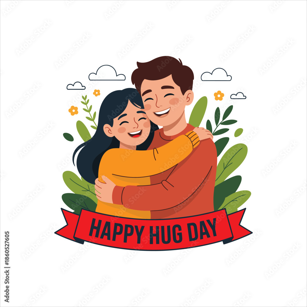 Obraz premium Happy Hug Day Illustration of Smiling Couple Hugging with Red Ribbon Banner