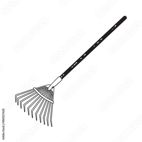 Handheld garden rake with metal tines and wooden handle for outdoor gardening tasks.
