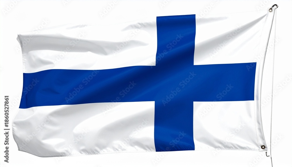 Obraz premium Finnish national flag with blue Nordic cross on white background, waving with realistic fabric texture.