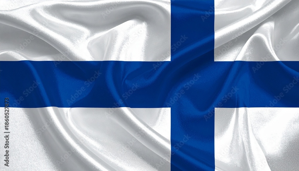Naklejka premium Finnish national flag with blue Nordic cross on white background, waving with realistic fabric texture.