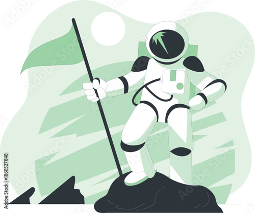 Astronaut standing triumphantly on a rocky planetary surface holding a flag under a bright moonlit sky