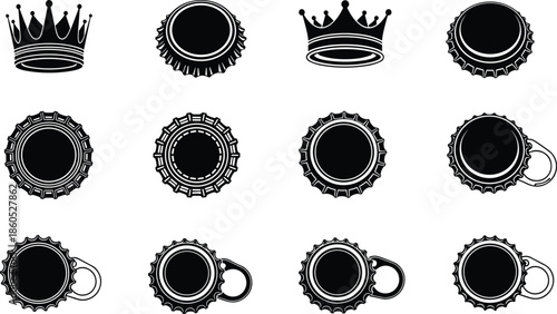 Set of black silhouette bottle cap and crown icons vector illustration, beer caps, royal crown symbol, metal drink stopper, beverage packaging design.