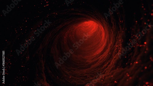 Abstract tunnel of red particles and glowing light on dark background