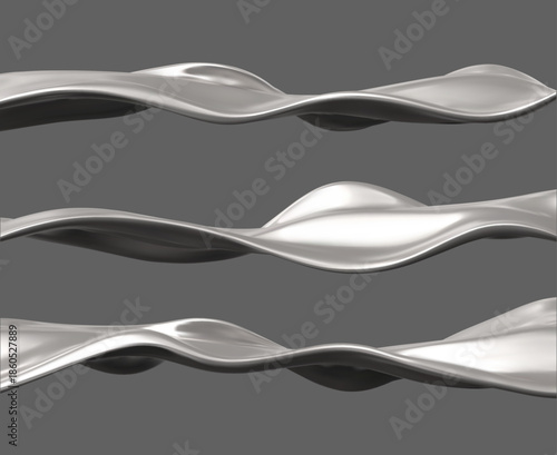 Abstract metallic waves or flowing liquid silver on an isolated gray background.