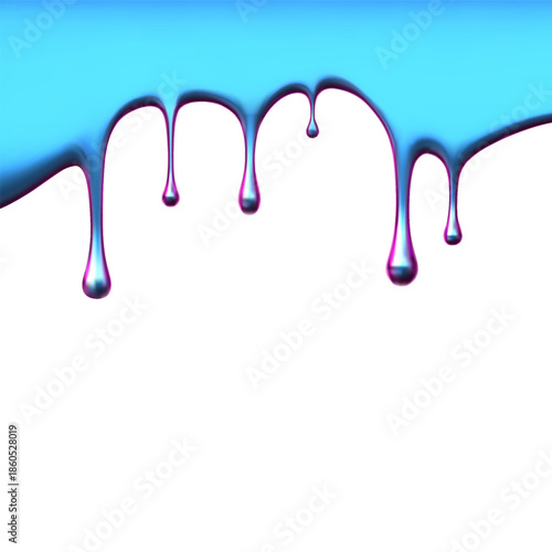 Blue glossy metallic liquid with flowing drops on a white background.