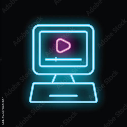 Bright neon sign showing a desktop computer displaying a video player with a play button