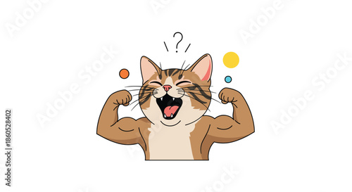 Funny and strong cartoon tabby cat flexing its muscular human-like arms with a powerful and happy roaring expression.