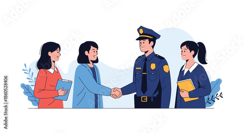 A friendly male police officer shaking hands with a woman to build community trust with other citizens looking on happily.