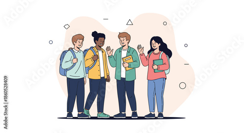 Diverse group of four happy teenage students with backpacks and books standing together talking and waving hello at school.