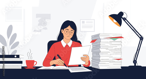 Overworked woman sitting at her desk with a huge stack of papers working late at night under the light of a desk lamp.