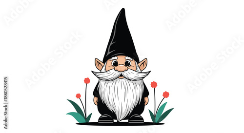 Cute garden gnome with a big white mustache and beard wearing a pointy black hat standing between two red flowers.